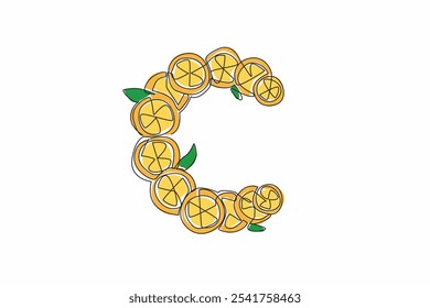 Single one line drawing orange fruit sliced ​​orange and orange leaves arranged in a C shape. 1000mg vitamin C. Daily needs. Zesty. National Vitamin C Day. Continuous line design graphic illustration