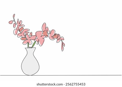 Single one line drawing orchid flowers in a vase. Ornamental plants can be used to decorate room. Very beautiful to look at. Fragrant. National Orchid Day. Continuous line design graphic illustration