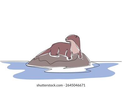 Uma única linha desenhando lontra deitada em uma rocha. Aclimatação quando o verão chega. Adaptação para evitar desidratação. Observando a presa. Dia Mundial da Lontra. Ilustração gráfica de design de linha contínua