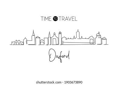 Single one line drawing Oxford city skyline, England. World historical town landscape. Best holiday destination postcard print. Editable stroke trendy continuous line draw design vector illustration