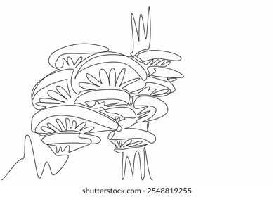 Single one line drawing oyster mushroom on a large tree trunk. Mushrooms with many benefits. Maintain heart health. Easy cultivation. Day of the Mushroom. Continuous line design graphic illustration