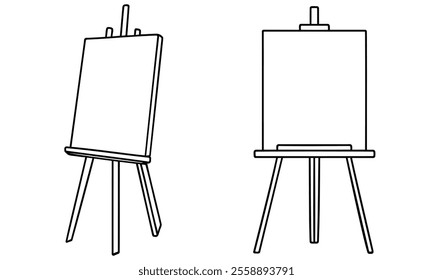 Single one line drawing paint brushes easel in paint brush container with painting canvas. A blank canvas will soon be painted with amazing art. Continuous line design graphic illustration.