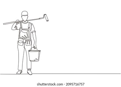 Single one line drawing painter with bucket of paint and paint roller. Professional repairman in overalls on the background of apartment renovation. Modern continuous line draw design graphic vector