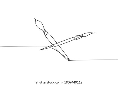 Single one line drawing of pair paintbrush for drawing lesson with watercolor. Back to school minimalist, education concept. Continuous simple line draw style design graphic vector illustration