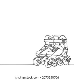 Single one line drawing pair of old retro plastic quad roller skate shoes. Healthy fitness sports concept. Vintage classical inline skating boot equipment sport. Continuous line draw design vector
