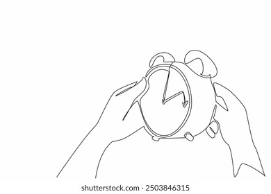 Single one line drawing a pair of hands holding an alarm clock. Set a reminder to make time changes. Clock moves an hour ahead. Daylight Saving Time info. Continuous line design graphic illustration