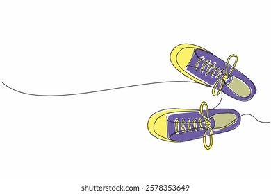 Single one line drawing a pair of sneakers from above. Trendy canvas shoes. Urban shoes. Modern lifestyle. Casual. National Two Different Colored Shoes Day. Continuous line design graphic illustration