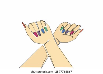 Single one line drawing a pair of crossed hands showing colorful nails. Pose for a digital advertisement. Showing the beauty of a nail. Beautiful. Nail Day. Continuous line design graphic illustration