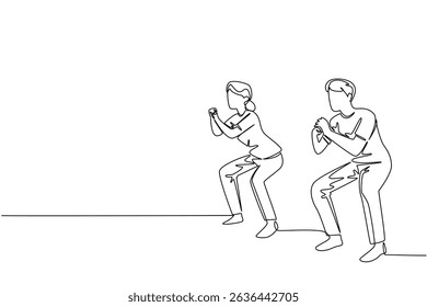 Single one line drawing a pair of grandparents are doing fitness on a fitness mate. Keep the body fit in old age. National Senior Health and Fitness Day. Continuous line design graphic illustration