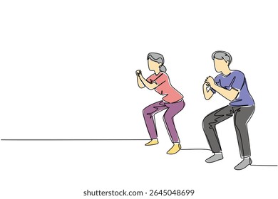Single one line drawing a pair of grandparents are doing fitness on a fitness mate. Keep the body fit in old age. National Senior Health and Fitness Day. Continuous line design graphic illustration