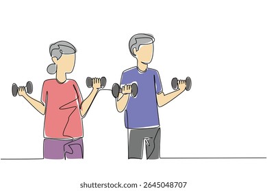Um único par de desenho de linha de avós levanta o barbell com ambas as mãos. Luz barbell liberar rigidez. Dia Nacional da Saúde e da Fitness. Ilustração gráfica de design de linha contínua