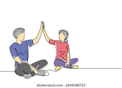 Single one line drawing a pair of grandparents are doing fitness on a fitness mate. Entering old age, stay healthy. National Senior Health and Fitness Day. Continuous line design graphic illustration