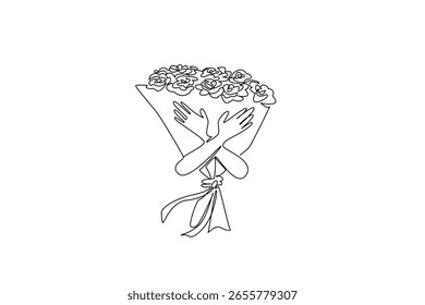 Single one line drawing a pair of hands hugging a bouquet of roses. Hugging flowers tightly. Beautiful flowers make feelings more beautiful. Rose Festival. Continuous line design graphic illustration
