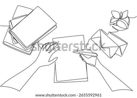 Single one line drawing a pair of hands writing on paper with a stack of books and paper envelopes. Write lots of messages to friends. Postal. Pen Pal Day. Continuous line design graphic illustration
