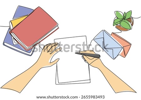 Single one line drawing a pair of hands writing on paper with a stack of books and paper envelopes. Write lots of messages to friends. Postal. Pen Pal Day. Continuous line design graphic illustration
