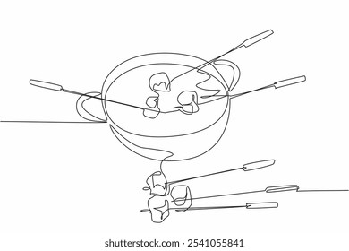 Uma única linha de desenho pan contendo queijo líquido. Fatias de pão mergulhadas em queijo quente. Maneira única, mas ainda deliciosa de comer. Dia Nacional do Queijo. Ilustração gráfica de design de linha contínua