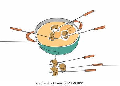 Single one line drawing pan containing liquid cheese. Bread slices dipped in warm cheese. Unique but still delicious way to eat. National Cheese Fondue Day. Continuous line design graphic illustration