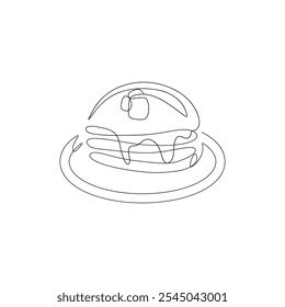 Una sola línea dibujando panqueques. Desayuno dulce con mantequilla, delicioso concepto de bocadillo de la mañana de la comida de panadería. Ilustración vectorial.