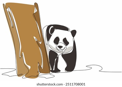 Un panda de dibujo de una sola línea se mueve y aparece desde detrás de un árbol. Amenazado con la pérdida de hábitat natural. Efectos del calentamiento global. Día Nacional del Panda. Ilustración gráfica de diseño de línea continua