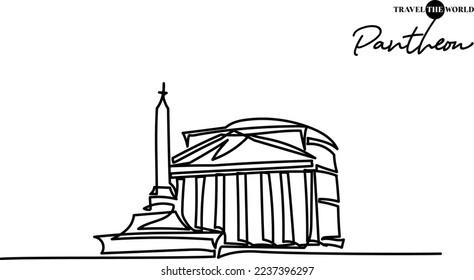 Single one line drawing of Pantheon Rome Italy . Tourism travel postcard and home wall art decor poster concept. Modern continuous line draw design vector illustration