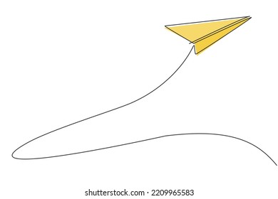 Single one line drawing of paper airplane flying high up to the sky on white background. Paper air craft origami kids game concept. Modern continuous line draw design graphic vector illustration