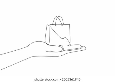 Single one line drawing paper bags are placed on both palms. Will be given to customers who will shop. Must provide best service. World Consumer Rights Day. Continuous line design graphic illustration