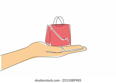 Single one line drawing paper bags are placed on both palms. Will be given to customers who will shop. Must provide best service. World Consumer Rights Day. Continuous line design graphic illustration