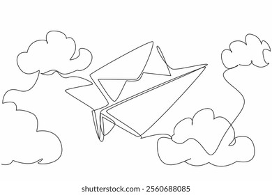 Single one line drawing paper airplane flying while carrying envelope. Visualization of sending an email. Faster than sending a letter. National Email Day. Continuous line design graphic illustration