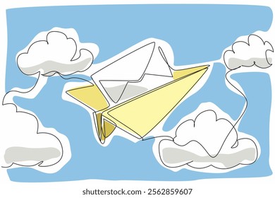 Single one line drawing paper airplane flying while carrying envelope. Visualization of sending an email. Faster than sending a letter. National Email Day. Continuous line design graphic illustration