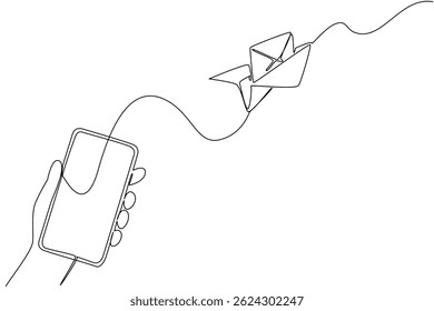 Einzeilige Zeichnung Papier Flugzeug fliegt aus dem Smartphone-Bildschirm. Senden Sie Grüße über mobile Anwendung. Senden Sie einen elektronischen Grußkartentag. Grafische Illustration zum Liniendesign