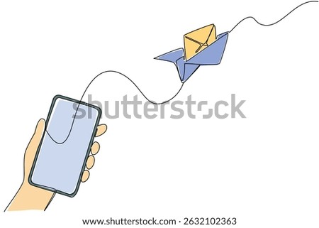 Single one line drawing paper airplane flying out of the smartphone screen. Send greetings via mobile application. Send an Electronic Greeting Card Day. Continuous line design graphic illustration