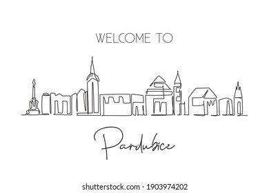 Single one line drawing Pardubice city skyline, Czech Republic. World historical town landscape. Best holiday destination postcard print art. Trendy continuous line draw design vector illustration