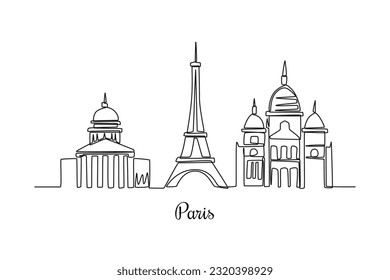 Single one line drawing Paris city skyline, France. City concept. Continuous line draw design graphic vector illustration.