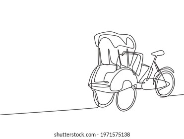 Single one line drawing pedicab with three wheels and passenger seat at the front and driver control at the rear are often found in Indonesia. Continuous line draw design graphic vector illustration.