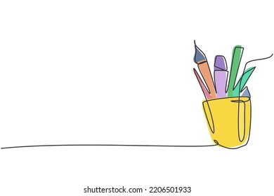 Single one line drawing of pencil, pen, crayon and ruler inside porcelain cup. Back to school minimalist, education concept. Continuous simple line draw style design graphic vector illustration