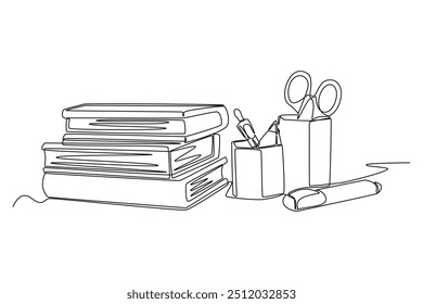 Dibujo de una sola línea de estuche de lápiz que contiene utensilios de escritura o papelería junto a una pila de libros de texto. Volver a la escuela o concepto universitario. Ilustración vectorial gráfica de diseño de dibujo de línea continua