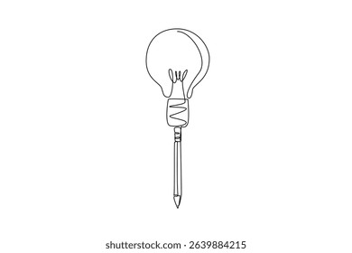 Single one line drawing pencil stand with a light bulb on top. The power of writing is based on strong thinking. Inspiration. National Creativity Day. Continuous line design graphic illustration