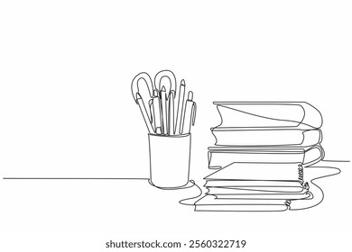 Single one line drawing pencils and other stationery neatly arranged in a pencil case. Marking multiple formulas. Learn and memorize. World Stationery Day. Continuous line design graphic illustration