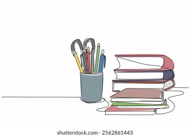 Single one line drawing pencils and other stationery neatly arranged in a pencil case. Marking multiple formulas. Learn and memorize. World Stationery Day. Continuous line design graphic illustration