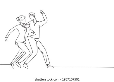 Single one line drawing people dancing salsa. Couples, man and woman in dance. Pairs of dancers with waltz tango and salsa styles moves. Modern continuous line draw design graphic vector illustration