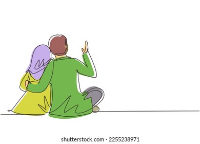 Single one line drawing people in love sit hugging and looking at moon and stars. Arabian man and woman enjoying romantic picturesque landscape together. Continuous line draw design graphic vector