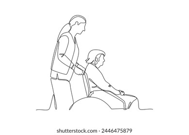 Single one line drawing people helping grandma push the wheelchair. Team work people trust assistance. Technology gear collaboration solution. Continuous line draw design vector