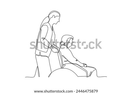 Single one line drawing people helping grandma push the wheelchair. Team work people trust assistance. Technology gear collaboration solution. Continuous line draw design vector