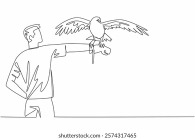 Single one line drawing peregrine falcon perched on hand of man. Predator with yellow beak and short tail. Eating other bird. Strong claw. Man Holding Bird. Continuous line design graphic illustration