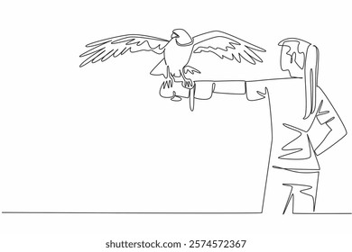 Single one line drawing peregrine falcon perched on hand of woman. The fastest animal in the world while chasing its prey. Strong claws. Woman Holding Bird. Continuous line design graphic illustration