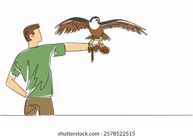 Single one line drawing peregrine falcon perched on hand of man. Predator with yellow beak and short tail. Eating other bird. Strong claw. Man Holding Bird. Continuous line design graphic illustration