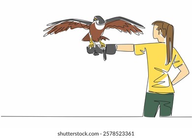 Single one line drawing peregrine falcon perched on hand of woman. The fastest animal in the world while chasing its prey. Strong claws. Woman Holding Bird. Continuous line design graphic illustration