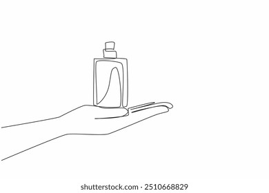Uma única linha de frasco de perfume de desenho colocado na palma aberta. Frasco de perfume masculino. Não é uma forma unissexo. Fragrância de homem. Esportivo. Colônia. Dia Nacional da Fragrância. Ilustração gráfica de design de linha contínua