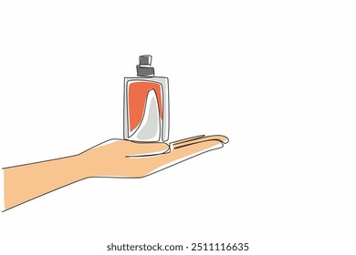 Single one line drawing perfume bottle placed on open palm. Men's perfume bottle. Not unisex shape. Man fragrance. Sporty. Cologne. National Fragrance Day. Continuous line design graphic illustration