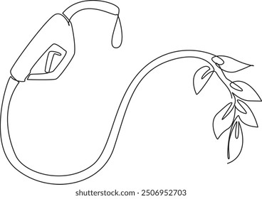 Single one line drawing petrol hose made from leaves. Help lighten the earth. Using environmentally friendly natural fuels. Caring. National Biodiesel Day. Continuous line design graphic illustration